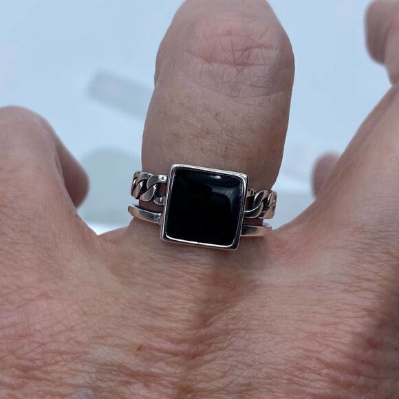 Black Square Enamel Minimalist Sterling Silver Stack Ring - Picture 4 of 4